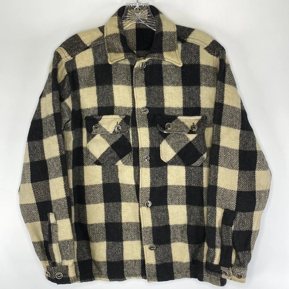 Vintage Jim Penney Sportwear Wool Button Up Shirt Jacket Black White Rare